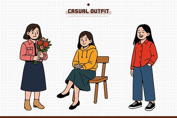 옷 여자 패션 행복 감정 얼굴 컬러 꽃다발 포즈 일러스트 모션 서기 미소 사람 앉기 그래픽 캐주얼 표현 편안함 스타일 국내일러스트 AI파일 꽃 표정 신체부위 감각 파일형식 벡터