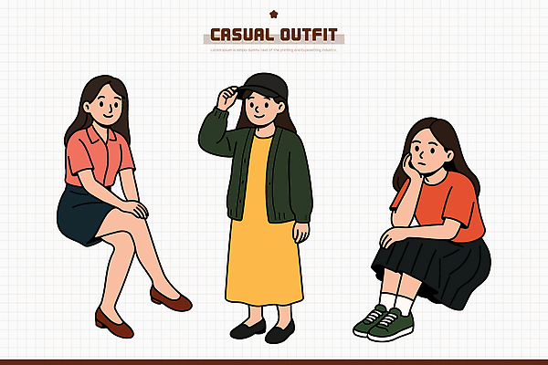 모자 디자인 드레스 옷 여자 패션 컬러 포즈 일러스트 모션 대화 캐주얼 친구 치마 자유 표현 편안함 스타일 국내일러스트 AI파일 잡화 컨셉 관계 하의 말하기 사람 감각 파일형식 벡터