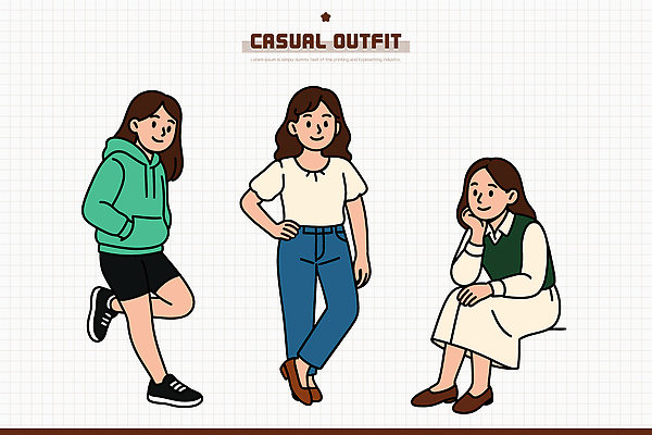 디자인 드레스 옷 패션 일러스트 반바지 소녀 캐주얼 여름 친구 봄 모임 자유 청바지 표현 편안함 개성 후드티셔츠 착용 스타일 국내일러스트 AI파일 계절 여자 어린이 컨셉 티셔츠 바지 관계 감각 파일형식 벡터