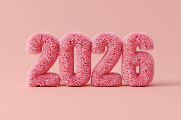 JPG 편집이미지 디자인 예술 상징 분홍색 컬러 새해 장식 조형물 숫자 귀여움 분위기 질감 솜털 2026년 편집3D AI컴퓨터그래픽 AI콘텐츠 문자 컨셉 미술 3D 연도 파일형식