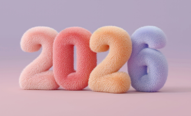 JPG 편집이미지 디자인 예술 컬러 백그라운드 새해 기념 실내 장식 숫자 분위기 털실 모던 부드러움 2026년 편집3D AI컴퓨터그래픽 AI콘텐츠 문자 컨셉 내부 3D 감각 실 연도 파일형식