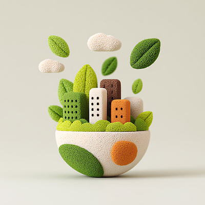 JPG 식물 구름 편집이미지 디자인 예술 컬러 자연 나뭇잎 조형물 모형 환경 주황색 미니어처 도시 작품 창의성 편집3D AI컴퓨터그래픽 AI콘텐츠 자연요소 잎 미술 3D 생태계 파일형식