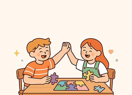 교육 어린이 일러스트 모션 놀이 탁자 성공 협력 미소 손짓 취미 친구 학습 게임 퍼즐 집중 즐거움 창의력 상호작용 국내일러스트 AI파일 감정 가구 컨셉 관계 표정 사람 파일형식 벡터