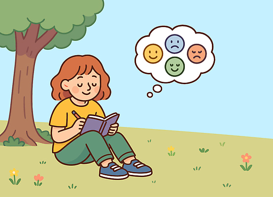 나무 행복 감정 운동화 생각 일러스트 자연 소녀 초원 일상 여름 공책 슬픔 기록 긍정 청록색 사색 창의력 국내일러스트 AI파일 식물 계절 여자 어린이 컬러 신발 컨셉 문구용품 라이프 생태계 파일형식 벡터