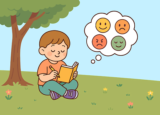 나무 행복 감정 어린이 생각 일러스트 모션 상상 자연 웃음 소년 초원 책 여름 노란색 슬픔 표현 그늘 읽기 그림 국내일러스트 AI파일 식물 계절 남자 컬러 표정 사람 생태계 파일형식 벡터