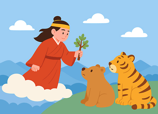 동물 구름 캐릭터 전통 일러스트 곰 자연 하늘 동화 산 이야기 사람 풍경 친구 나뭇가지 호랑이 개천절 빨간옷 상상력 환상 국내일러스트 AI파일 자연요소 나무 옷 컨셉 포유류 관계 공휴일 국경일 생태계 파일형식 벡터