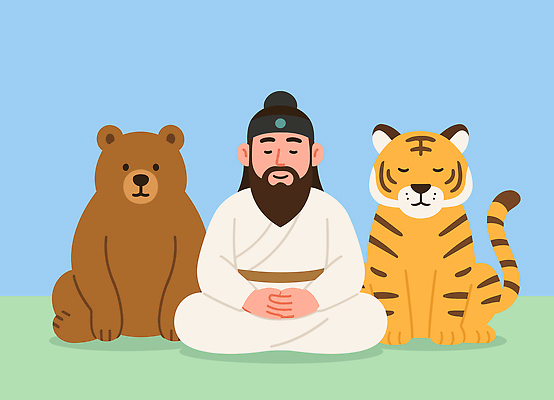 동물 전통 상징 백그라운드 일러스트 곰 자연 사람 친구 평화 고요 호랑이 집중 명상 그림 조화 개천절 차분 국내일러스트 AI파일 컨셉 포유류 관계 공휴일 국경일 생태계 파일형식 벡터