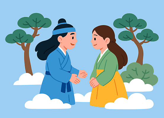 나무 구름 캐릭터 전통 디자인 행복 감정 문화 컬러 백그라운드 일러스트 하늘 대화 사람 일상 우정 만남 즐거움 개천절 고전의상 국내일러스트 AI파일 자연요소 식물 옷 컨셉 말하기 라이프 친구 공휴일 국경일 파일형식 벡터