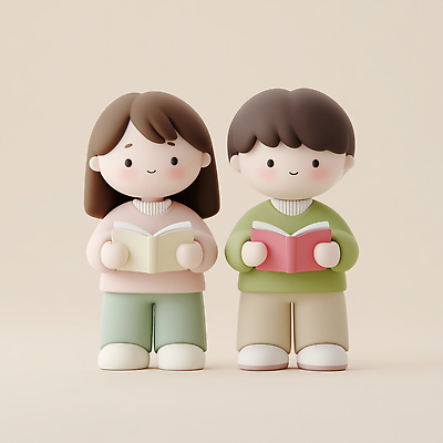 JPG 편집이미지 캐릭터 디자인 인형 컬러 백그라운드 두명 책 독서 귀여움 미니어처 편안함 오브젝트 아기자기 편집3D AI컴퓨터그래픽 AI콘텐츠 컨셉 사람 3D 모형 감각 파일형식