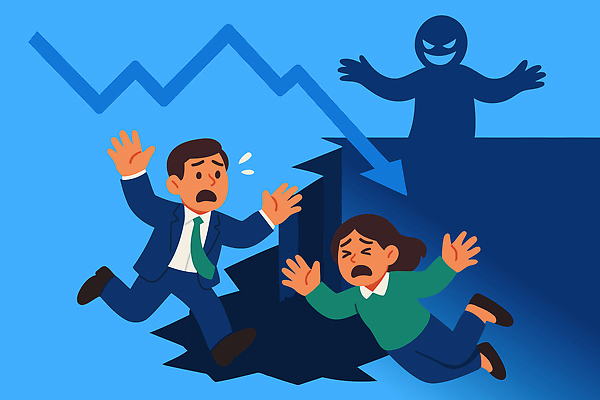 여자 남자 감정 일러스트 회사 모션 경제 구멍 선택 위험 무서움 탈출 문제 불황 심각 위기 재정 회복 국내일러스트 AI파일 컨셉 비즈니스 사람 파일형식 벡터