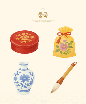 PSD 전통 문양 디자인 문화 예술 컬러 일러스트 미술 상자 중국 전시 감상 붓 도자기 주머니 공예 그림 정물화 국내일러스트 아시아 문화예술 취미 파일형식