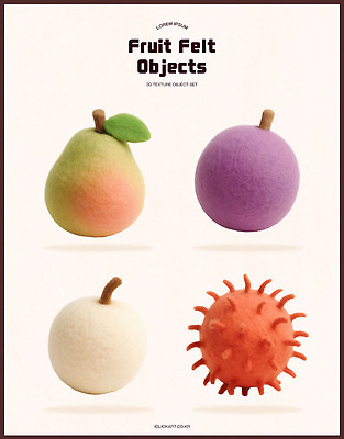 PSD 편집이미지 디자인 과일 장식 인테리어 보라색 주황색 흰색 공예 오브젝트 질감 부드러움 수공예 펠트 편집3D 컬러 취미 3D 감각 파일형식 천_직물