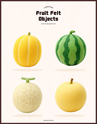 PSD 편집이미지 디자인 예술 과일 수박 장식 세트 노란색 멜론 오브젝트 그림 질감 창작 펠트 편집3D 컬러 3D 파일형식 천_직물