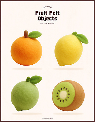 PSD 편집이미지 디자인 컬러 과일 키위 감각 레몬 오브젝트 질감 라임 수공예 창의성 펠트 편집3D 3D 공예 파일형식 천_직물