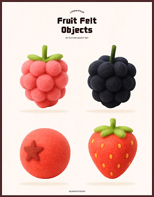 PSD 편집이미지 디자인 과일 딸기 귤 장식 세트 컬러풀 전시 그림 질감 산딸기 블랙베리 수공예 펠트 편집3D 컬러 3D 공예 파일형식 천_직물