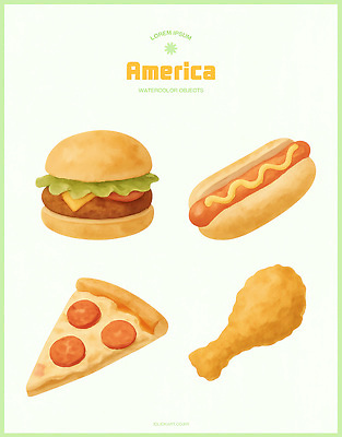 PSD 전통 음식 일러스트 수채화 피자 패스트푸드 요리 치킨 미국 햄버거 표현 맛 그림 작품 핫도그 조화 색감 창작 스타일 국내일러스트 컨셉 북아메리카 서양음식 미술 인스턴트 닭고기요리 파일형식