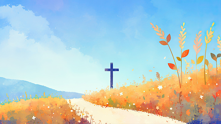 JPG 구름 꽃 종교 길 십자가 일러스트 자연 하늘 풍경 초원 야외 소풍 노란색 평화 주황색 가을 감성 조화 뷰티풀 목가 국내일러스트 AI일러스트 AI콘텐츠 자연요소 식물 계절 컬러 컨셉 야외활동 생태계 파일형식