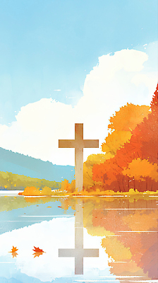 JPG 나무 구름 호수 컬러 십자가 단풍 일러스트 자연 하늘 풍경 반사 평화 가을 화려 장면 조용 뷰티풀 경관 국내일러스트 AI일러스트 AI콘텐츠 자연요소 식물 계절 컨셉 잎 생태계 파일형식