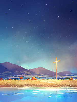 JPG 감정 호수 물결 십자가 일러스트 자연 하늘 산 풍경 야외 평화 고요 황금 저녁 숲 신비 언덕 조화 별빛 뷰티풀 국내일러스트 AI일러스트 AI콘텐츠 별 컨셉 빛 야간 생태계 파일형식