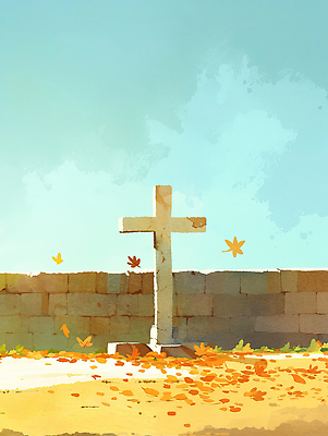 JPG 나무 꽃 십자가 낙엽 일러스트 자연 하늘 풍경 평화 고요 가을 돌벽 조용 기념물 뷰티풀 색채 추모 국내일러스트 AI일러스트 AI콘텐츠 식물 계절 벽 컨셉 잎 생태계 파일형식