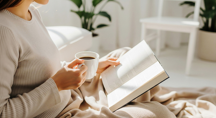 JPG 편집이미지 여자 여유 커피 실내 책 독서 편안함 커피잔 담요 힐링 의료성형뷰티 편집실사 AI인물포토 AI콘텐츠 감정 음료 잔 사람 내부 감각 CG 파일형식 AI포토