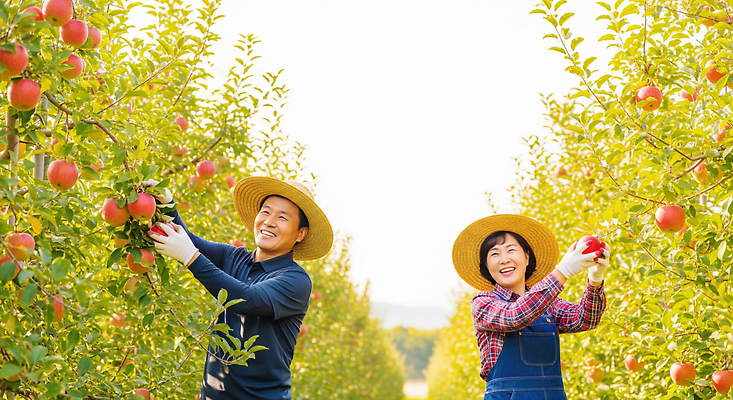 JPG 식물 편집이미지 부부 행복 농업 과일 자연 웃음 일상 햇빛 농장 농사 수확 가을 사과 의료성형뷰티 편집실사 AI인물포토 AI콘텐츠 커플 계절 감정 산업 표정 라이프 태양 CG 생태계 파일형식 AI포토