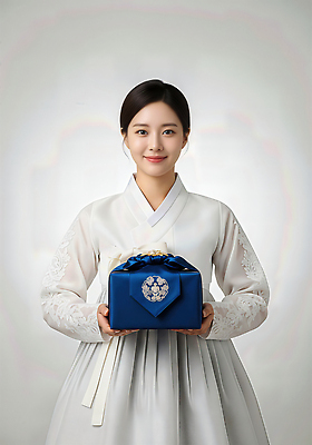 JPG 편집이미지 전통 옷 여자 기념일 문화 포장 한국 선물 미소 상자 추석 축제 전통의상 한복 오브젝트 뷰티풀 의료성형뷰티 편집실사 AI인물포토 AI콘텐츠 한국전통 명절 아시아 표정 사람 이벤트 CG 파일형식 AI포토