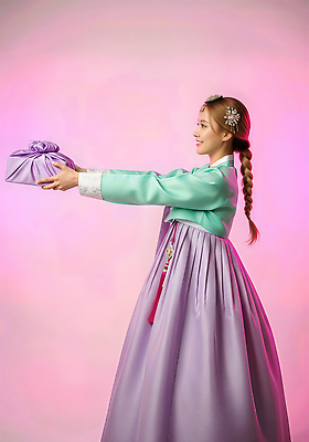 JPG 편집이미지 한국문화 전통 옷 여자 기념일 어린이 컬러 조명 친절 선물 미소 추석 축제 축하 보자기 한복 의료성형뷰티 편집실사 AI인물포토 AI콘텐츠 동양문화 한국전통 명절 컨셉 한국 표정 사람 이벤트 전통의상 CG 파일형식 천_직물 AI포토