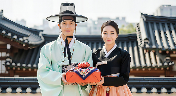 JPG 편집이미지 전통 옷 문화 결혼 한옥 한국 선물 미소 추석 한복 즐거움 일과 혼례복 뷰티풀 의료성형뷰티 편집실사 AI인물포토 AI콘텐츠 한국전통 명절 감정 아시아 고건축 표정 이벤트 전통의상 CG 파일형식 AI포토