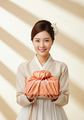 JPG 편집이미지 전통 옷 여자 패션 문화 조명 한국 밝음 미소 추석 축제 보자기 한복 뷰티풀 의료성형뷰티 편집실사 AI인물포토 AI콘텐츠 한국전통 명절 아시아 표정 사람 전통의상 CG 파일형식 천_직물 AI포토