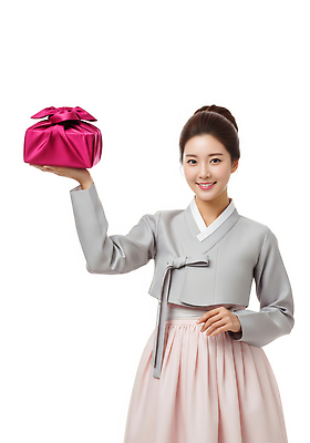 JPG 편집이미지 전통 여자 명절 기념일 감정 문화 분홍색 포장 한국 선물 미소 추석 축제 전통의상 한복 의료성형뷰티 편집실사 AI인물포토 AI콘텐츠 한국전통 아시아 컬러 표정 사람 이벤트 CG 파일형식 AI포토