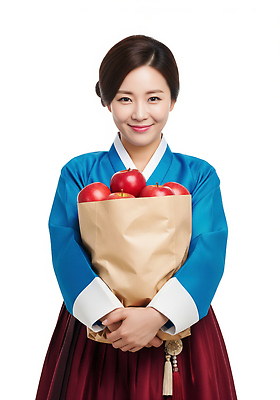 JPG 편집이미지 전통 여자 패션 문화 텍스트 봉투 한국 표정 미소 상반신 농작물 추석 사과 한복 저장 이미지 의료성형뷰티 편집실사 AI인물포토 AI콘텐츠 한국전통 명절 아시아 농업 과일 사람 전통의상 CG 파일형식 AI포토