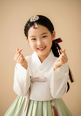 JPG 편집이미지 전통 패션 기념일 문화 어린이 포즈 한국 웃음 추석 귀여움 사진촬영 축제 한복 천 연휴 손하트 의료성형뷰티 편집실사 AI인물포토 AI콘텐츠 한국전통 명절 아시아 컨셉 표정 사람 손짓 이벤트 공휴일 촬영 직물 전통의상 CG 파일형식 AI포토