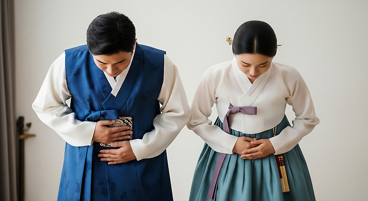 JPG 편집이미지 전통 여자 남자 문화 한국 고개숙이기 사랑 추석 인사 의식 우아함 전통의상 한복 조화 전통행사 의료성형뷰티 존경 편집실사 AI인물포토 AI콘텐츠 한국전통 명절 감정 아시아 컨셉 숙이기 사람 이벤트 예절 CG 파일형식 AI포토