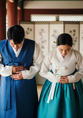 JPG 편집이미지 전통 옷 여자 남자 문화 한옥 한국 추석 다정 예절 인사 한복 뷰티풀 의료성형뷰티 편집실사 AI인물포토 AI콘텐츠 한국전통 명절 아시아 컨셉 고건축 사람 전통의상 CG 파일형식 AI포토