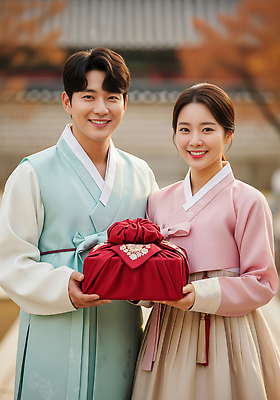 JPG 편집이미지 전통 커플 명절 기념일 문화 백그라운드 한국 선물 사랑 웃음 이벤트 추석 축하 한복 뷰티풀 의료성형뷰티 편집실사 AI인물포토 AI콘텐츠 한국전통 감정 아시아 컨셉 관계 표정 전통의상 CG 파일형식 AI포토