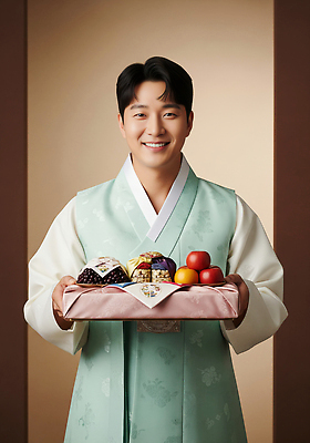 JPG 편집이미지 전통 명절 남자 행복 문화 백그라운드 과일 한국 쟁반 장식 추석 전통음식 한복 의료성형뷰티 편집실사 AI인물포토 AI콘텐츠 한국전통 기념일 감정 아시아 음식 사람 전통의상 CG 파일형식 AI포토