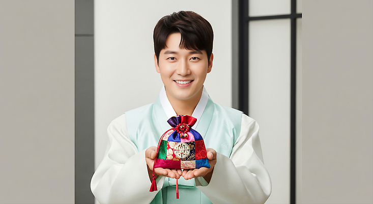 JPG 편집이미지 전통 손 옷 남자 백그라운드 새해 기념 복주머니 한국 미소 이벤트 추석 축복 한복 모던 의료성형뷰티 세련 편집실사 AI인물포토 AI콘텐츠 한국전통 명절 아시아 컨셉 전통소품 표정 사람 신체부위 전통의상 CG 파일형식 AI포토