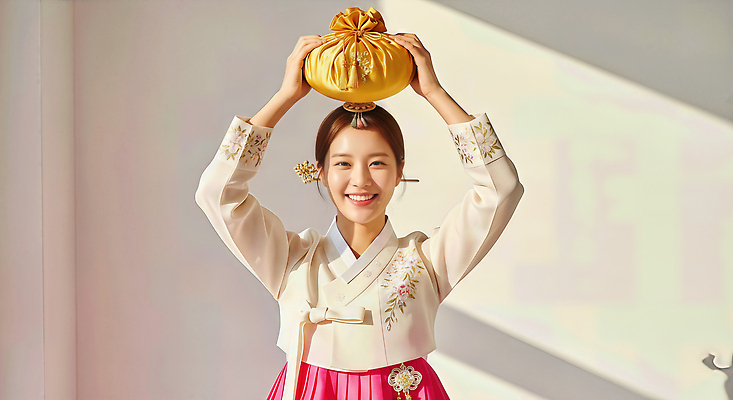 JPG 편집이미지 한국문화 전통 옷 여자 기념일 행복 문화 복주머니 한국 미소 추석 축제 전통의상 한복 오브젝트 의료성형뷰티 편집실사 AI인물포토 AI콘텐츠 동양문화 한국전통 명절 감정 아시아 전통소품 표정 사람 이벤트 CG 파일형식 AI포토