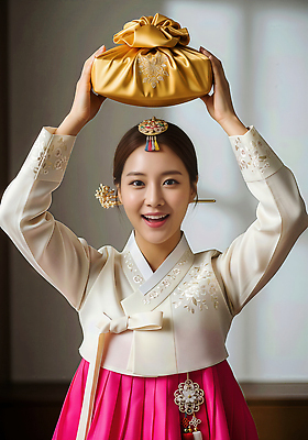 JPG 편집이미지 전통 옷 여자 명절 기념일 전통문화 문화 조명 복주머니 한국 웃음 추석 축제 기쁨 한복 세배 의료성형뷰티 편집실사 AI인물포토 AI콘텐츠 한국전통 감정 아시아 전통소품 표정 사람 이벤트 절_인사 전통의상 CG 파일형식 AI포토