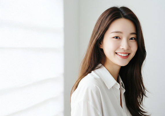 JPG 편집이미지 여자 감정 얼굴 조명 실내 밝음 미소 웃음 평화 매력적 흰색 뷰티풀 의료성형뷰티 스타일 편집실사 AI인물포토 AI콘텐츠 컬러 컨셉 표정 사람 내부 신체부위 CG 파일형식 AI포토