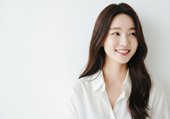 JPG 편집이미지 긴머리 여자 셔츠 표정 미소 카메라 매력적 우아함 조화 뷰티풀 의료성형뷰티 스타일 편집실사 AI인물포토 AI콘텐츠 헤어스타일 컨셉 상의 사람 전자제품 CG 파일형식 AI포토