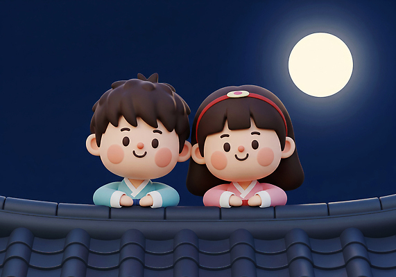 JPG 편집이미지 캐릭터 전통 행복 어린이 지붕 한국 추석 귀여움 밤 전통의상 달빛 순수 즐거움 편집3D AI컴퓨터그래픽 AI콘텐츠 명절 감정 아시아 컨셉 사람 3D 견과류 달 파일형식