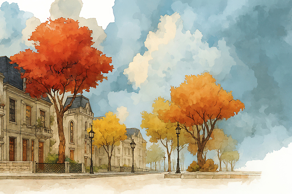 JPG 나무 길 컬러 단풍 일러스트 자연 하늘 바람 거리 풍경 건물 노란색 평화 가을 도시 도심 조화 뷰티풀 경관 국내일러스트 AI일러스트 자연요소 식물 건축물 계절 컨셉 잎 날씨 생태계 파일형식 AI콘텐츠