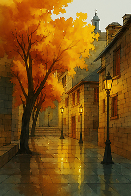 JPG 나무 길 단풍 가로등 일러스트 자연 벽돌 거리 풍경 빛 반사 노란색 산책 가을 도시 분위기 골목길 저녁 조용 뷰티풀 국내일러스트 AI일러스트 식물 계절 공공시설 컬러 컨셉 잎 휴식 야간 생태계 파일형식 AI콘텐츠
