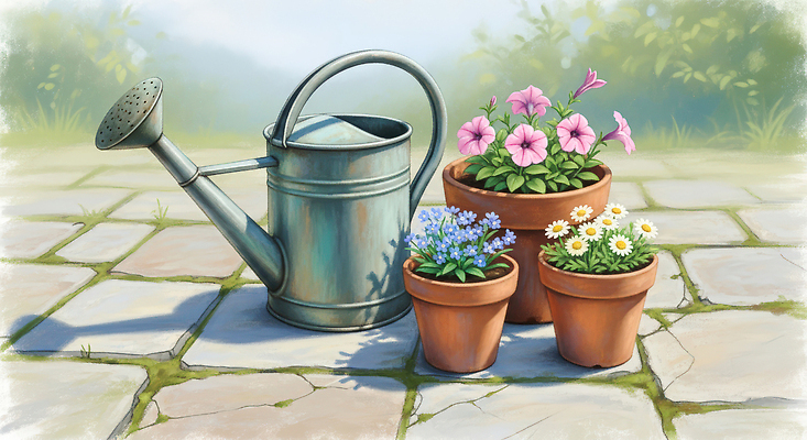 JPG 식물 꽃 화분 화초 농업 일러스트 자연 잔디 야외 햇빛 정원 물뿌리개 물주기 원예 정원가꾸기 돌길 뷰티풀 원예용품 국내일러스트 AI일러스트 산업 길 생활용품 모션 취미 태양 생태계 파일형식 AI콘텐츠