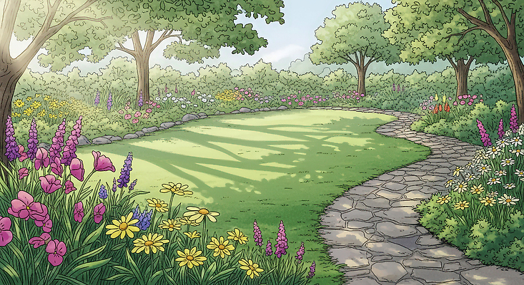 JPG 나무 식물 꽃 감정 컬러 일러스트 자연 생명 풍경 잔디 여름 햇빛 정원 향기 조화 보도블럭 뷰티풀 국내일러스트 AI일러스트 계절 태양 보행로 생태계 냄새 파일형식 AI콘텐츠