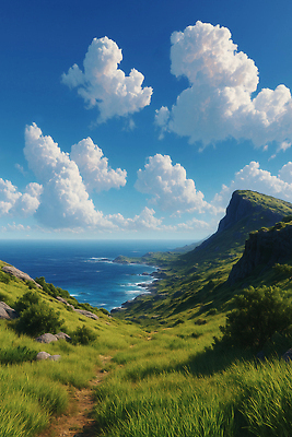 JPG 구름 편집 편집이미지 바다 자연 풍경 해변 초록색 여름 햇빛 산책로 바위 숲 언덕 조용 편집실사 AI포토 자연요소 계절 길 컬러 태양 돌_바위 CG 생태계 파일형식 AI콘텐츠