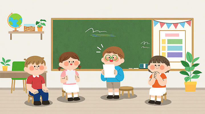 교육 어린이 일러스트 교실 학교 모션 협력 책 친구 학습 독서 성장 발표 집중 동료 소통 공동체 창의성 국내일러스트 AI파일 컨셉 관계 사람 파일형식 벡터