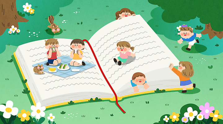 캐릭터 꽃 행복 어린이 음식 일러스트 모션 자연 놀이 잔디 책 친구 독서 소풍 식사 탐험 숲속 즐거움 그림 동화책 국내일러스트 AI파일 식물 감정 관계 사람 야외활동 숲 생태계 파일형식 벡터
